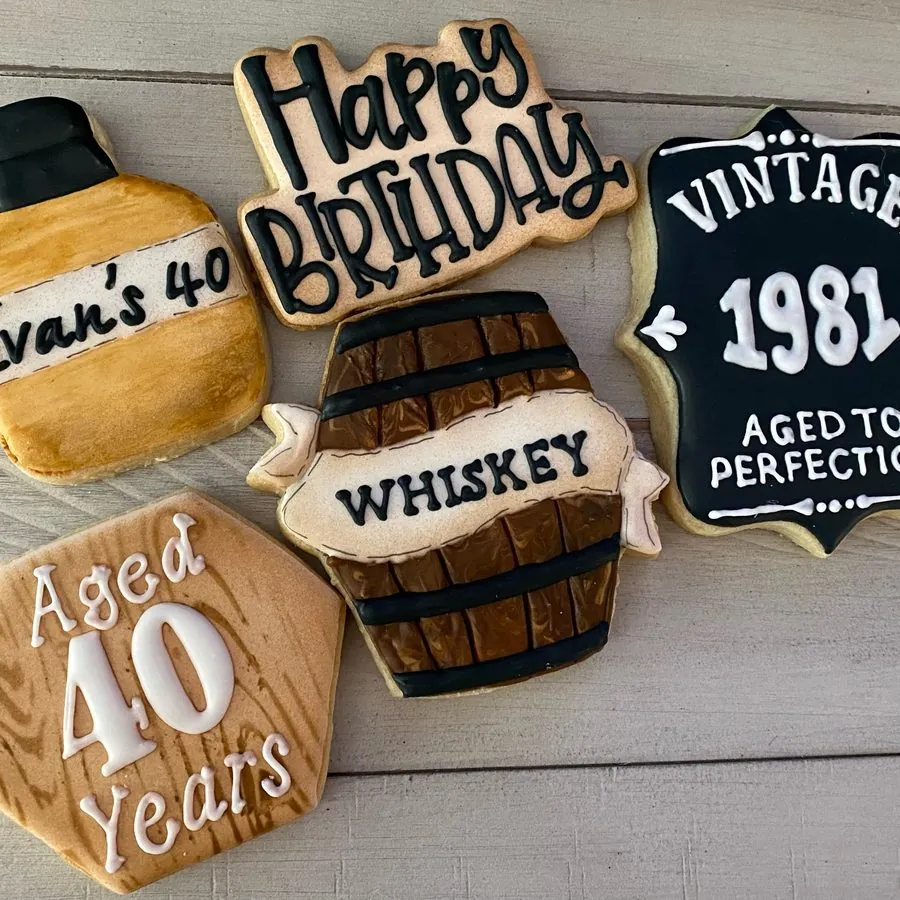 40th birthday whiskey-themed cookies