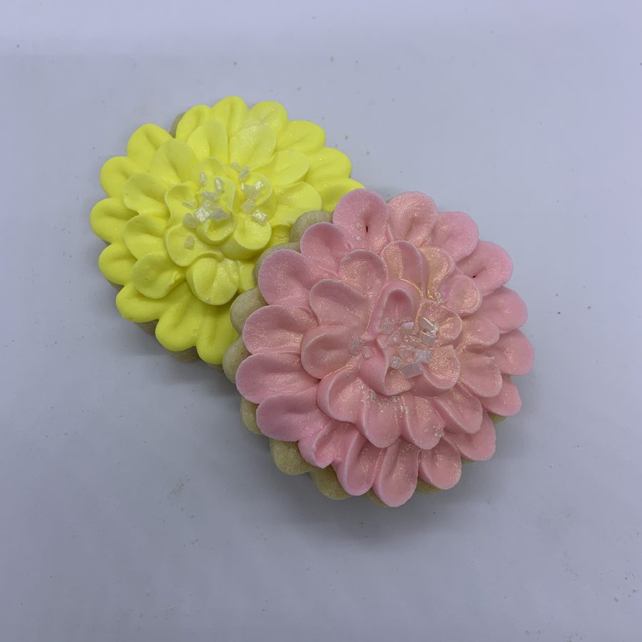 Yellow and pink piped dahlia cookies