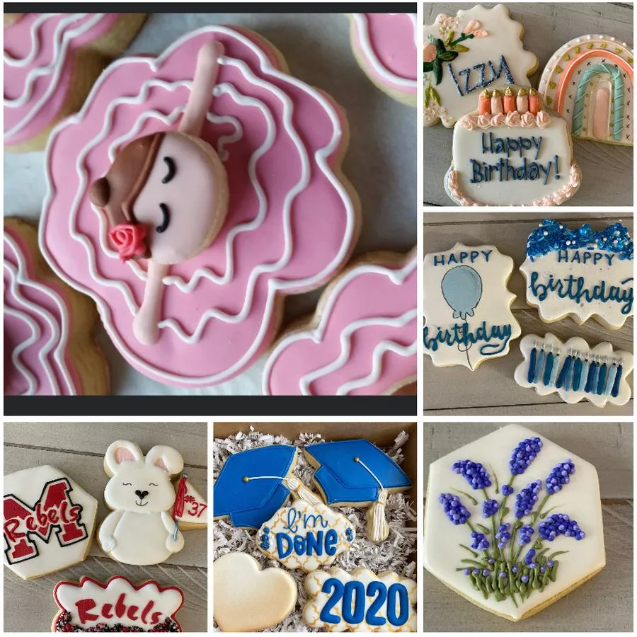 Collage of decorated cookie sets: florals, birthdays, graduation